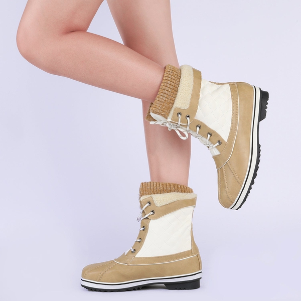 Mid Calf Lace Up Snow Boots - BEIGE WHITE - 2